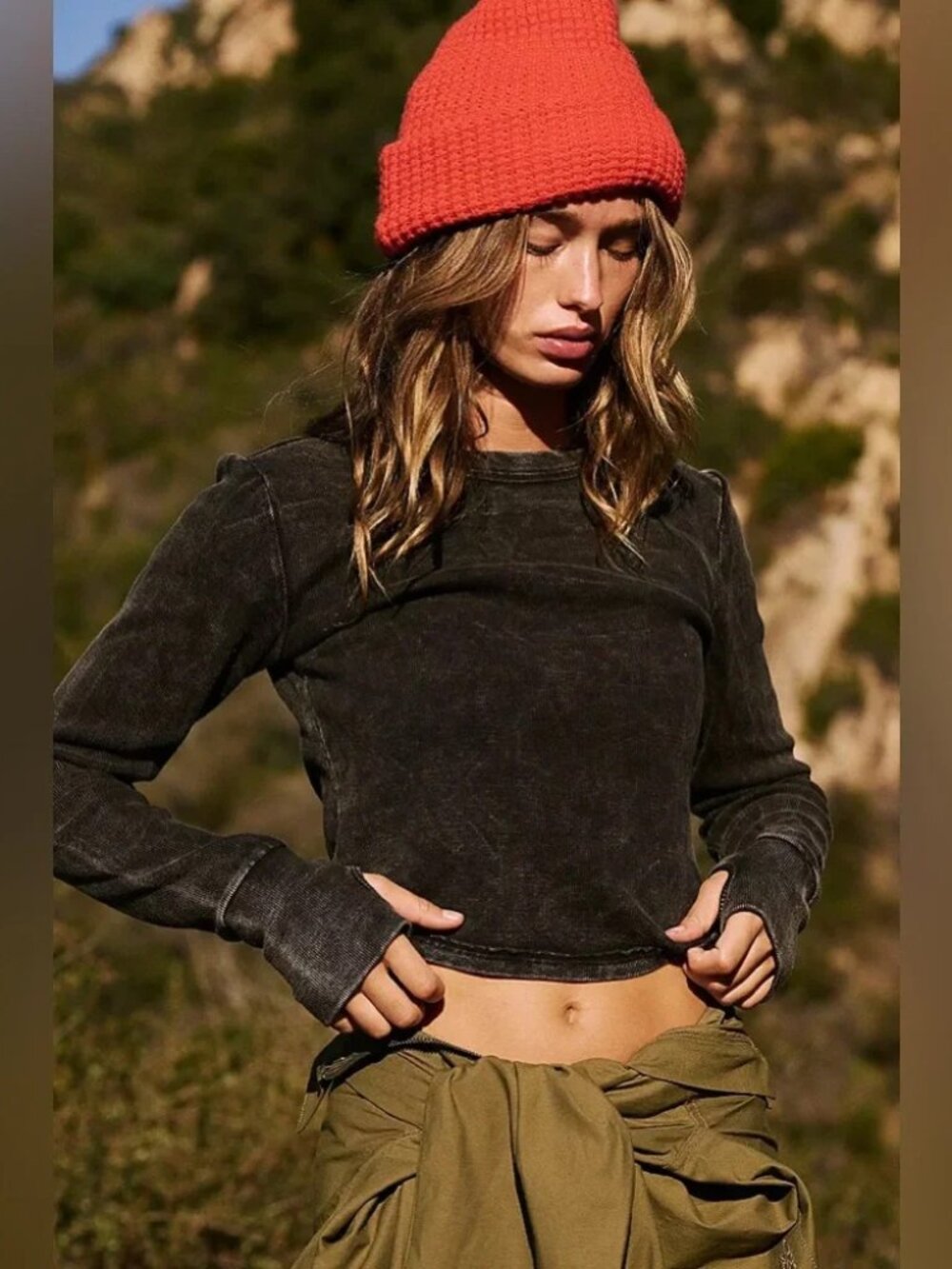 ☀️ FP Movement Free People Ribbed Long Sleeve Baby Tee Washed Black Small NWT
